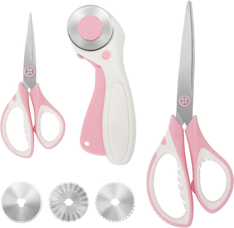MANUFORE Pink Professional Sewing Scissors Set: Big and Small Scissors, Rotary Cutter with 3pcs Extra Blades for Cutting Fabric - Image 1